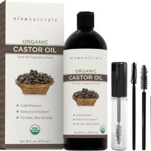 Viva Naturals Organic Castor Oil for Eyelashes and Eyebrows (16 fl oz) - USDA Certified Organic, Cold Pressed Castor Oil, Natural Hair Oil & Eyelash Serum, Beauty Kit Included