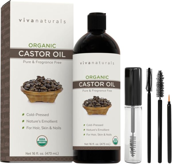 Viva Naturals Organic Castor Oil for Eyelashes and Eyebrows (16 fl oz) - USDA Certified Organic, Cold Pressed Castor Oil, Natural Hair Oil & Eyelash Serum, Beauty Kit Included
