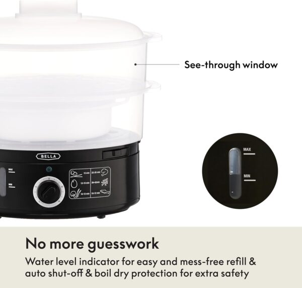 BELLA Two Tier Food Steamer with Dishwasher Safe Lids and Stackable Baskets & Removable Base for Fast Simultaneous Cooking - Auto Shutoff & Boil Dry Protection, Stainless Steel, 7.4 QT, Black - Image 5
