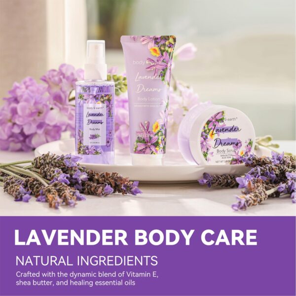 BODY & EARTH Body Mist Gift Set - Spa Gifts for Women, Perfume, Body Lotion, and Body Scrub in a Lavender Dreams Box- Perfect Birthday Gifts for Moms, and Special Occasions,Unique Gift Ideas for Her - Image 3