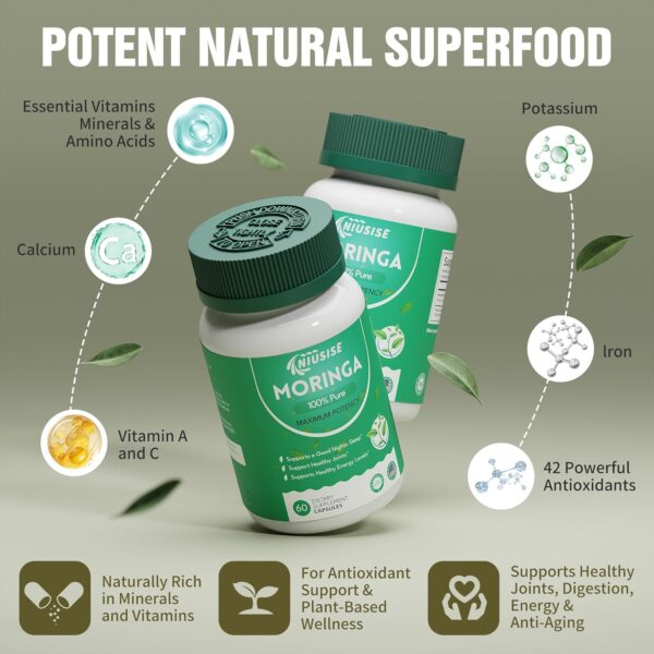 Moringa Powder Capsules, Organic Supplement 800mg Green Superfood from Moringa Leaf, Super Supplement Supports for Energy, Gut & Skin Health, Essential Vitamins, Vegan - 60 Capsules - Image 5