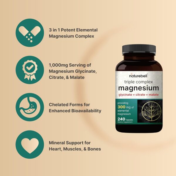 Triple Complex Magnesium Supplement, 240 Capsules | Magnesium Glycinate 500mg with Citrate & Malate | Chelated & Purified | Bone, Heart, & Muscle Support | Non-GMO - Image 4
