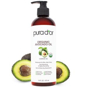 PURA D\'OR 16 Oz ORGANIC Avocado Oil - 100% Pure & Natural USDA Certified Cold Pressed Carrier Oil For DIY Beauty, Non-Greasy, Unscented, Hexane Free Liquid Moisturizer - Face Skin & Hair - Men & Women