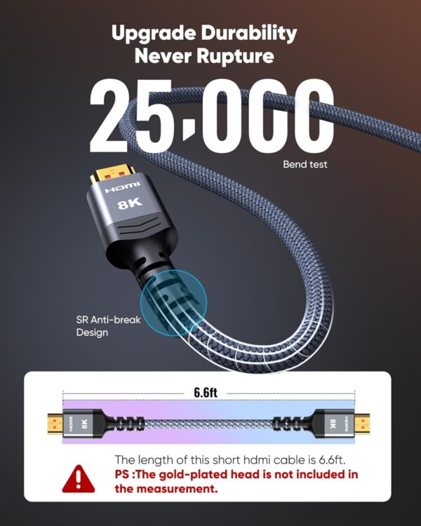Highwings 8K 10K 4K HDMI Cable 48Gbps 6.6FT/2M, Certified Ultra High Speed HDMI Cable Braided Cord-4K@120Hz 8K@60Hz, DTS:X, HDCP 2.2 & 2.3, HDR 10 Compatible with Roku TV/PS5/HDTV/Blu-ray - Image 5