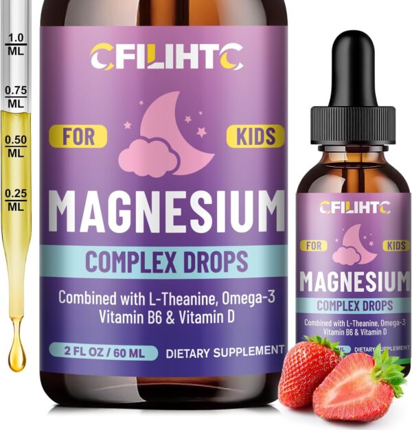 Kids Magnesium Liquid Drops-Magnesium Glycinate Liquid for Kids, L-Threonate Supplement-w/L-theanine, Omega-3, Vitamin B6, D3 - for Sleep, Relaxation, Brain, Bones - 2 Fl Oz Children\'s Magnesium Calm