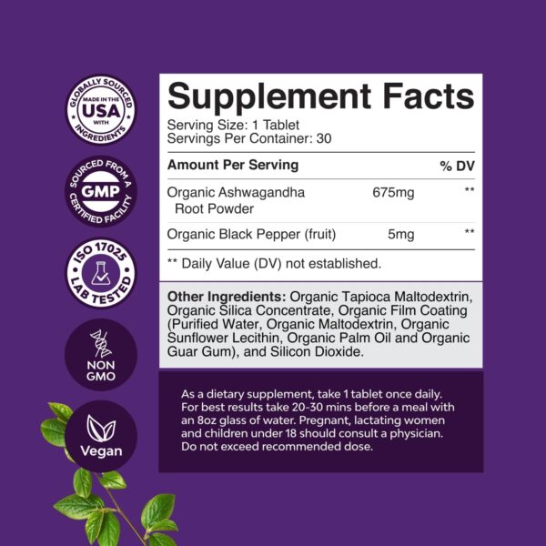 Natures Craft High Strength Organic Ashwagandha Supplements - Calm Mood Support Ashwagandha with Black Pepper for Enhanced Absorption - Vegan and Non-GMO (30 Tablets) - Image 3