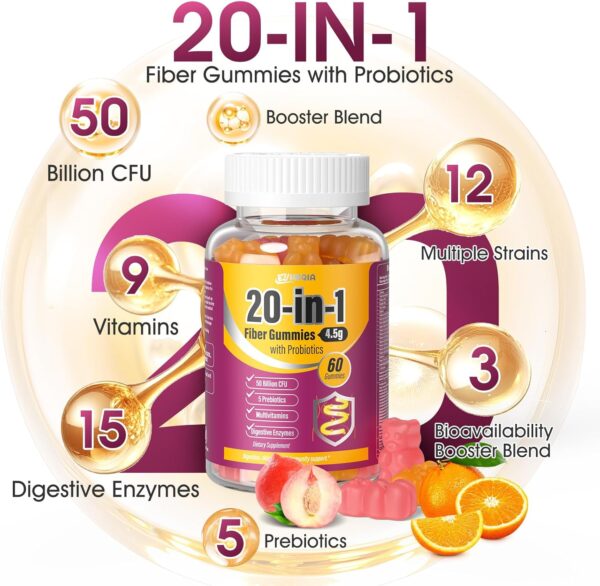 Fiber Supplement 20-in-1, Fiber Gummies for Adults, 50 Billion CFU Probiotic & Prebiotic Supplement with Inulin, Psyllium, Support for Gut & Digestive Health, 60-Count, Peach & Orange - Image 5