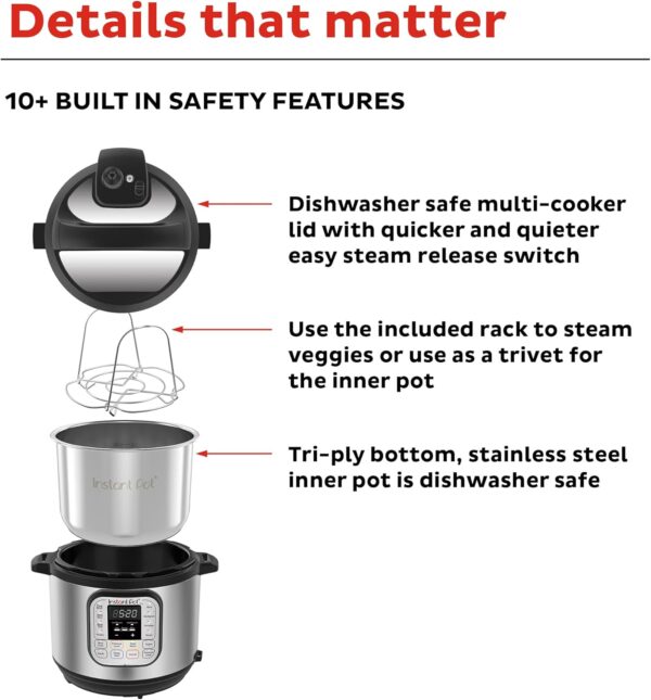 Instant Pot Duo 7-in-1 Electric Pressure Cooker, Slow Cooker, Rice Cooker, Steamer, Sauté, Yogurt Maker, Warmer & Sterilizer, Includes App With Over 800 Recipes, Stainless Steel, 6 Quart - Image 5