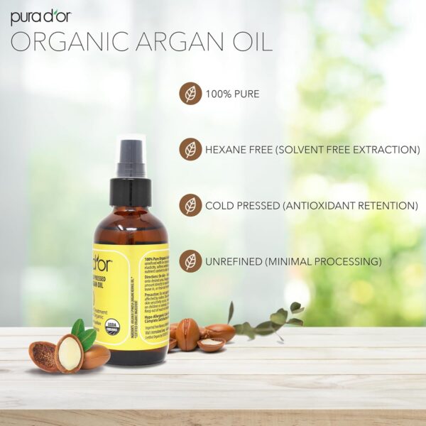 PURA D\'OR 4 Oz ORGANIC Moroccan Argan Oil - USDA Certified 100% Pure & Cold Pressed Virgin Premium Grade Natural Moisturizer Treatment For Dry, Damaged Skin, Hair, Face, Body & Scalp - Men & Women - Image 2