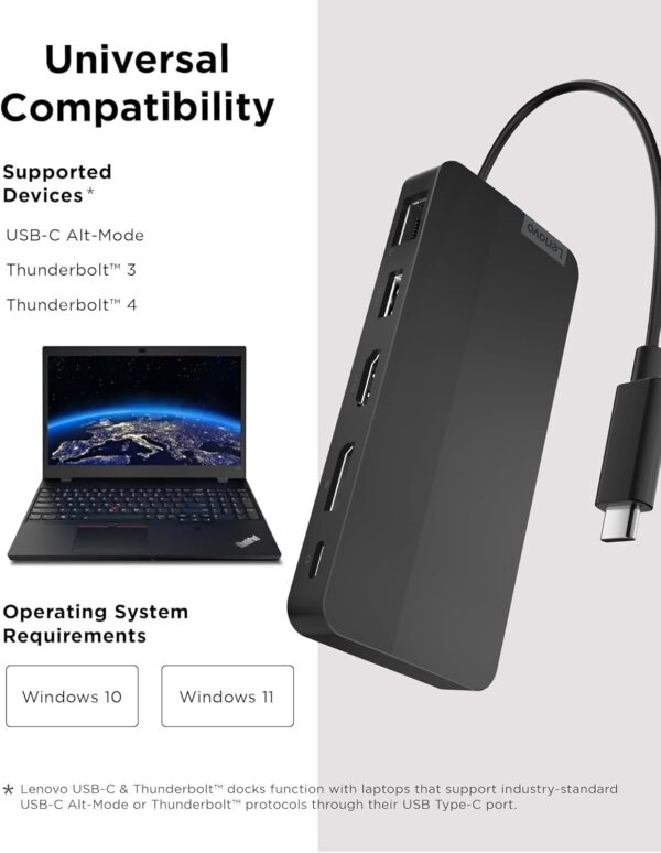 Lenovo USB-C Dual Display Travel Dock - 7 Ports, Integrated USB-C Cable, Universal Compatibility, Dual Displays at 4K - Black - Image 5