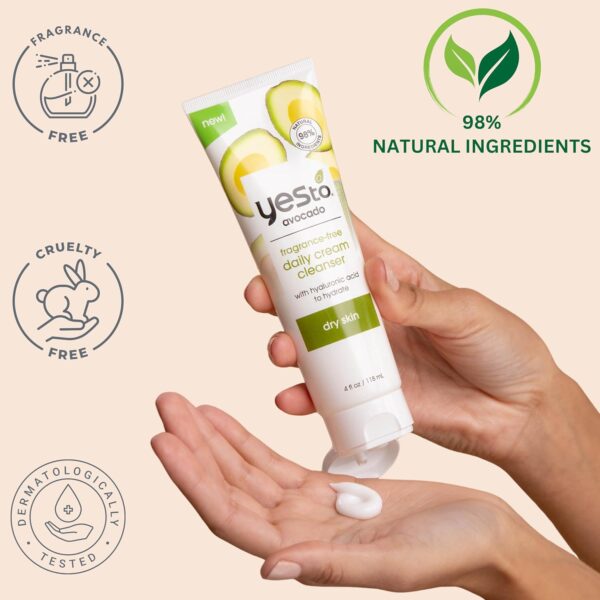 Yes To Avocado Fragrance Free Daily Cream Cleanser, Hydrating Face Wash That Removes Makeup & Impurities Leaving Skin Moisturized With Hyaluronic Acid & Glycerin, Natural Vegan & Cruelty Free, 4 Fl Oz - Image 2
