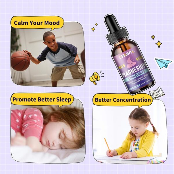 Kids Magnesium Liquid Drops-Magnesium Glycinate Liquid for Kids, L-Threonate Supplement-w/L-theanine, Omega-3, Vitamin B6, D3 - for Sleep, Relaxation, Brain, Bones - 2 Fl Oz Children\'s Magnesium Calm - Image 3