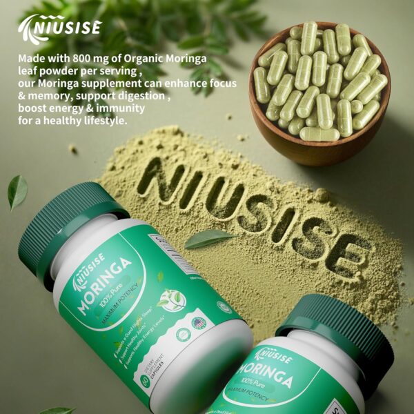 Moringa Powder Capsules, Organic Supplement 800mg Green Superfood from Moringa Leaf, Super Supplement Supports for Energy, Gut & Skin Health, Essential Vitamins, Vegan - 60 Capsules - Image 6