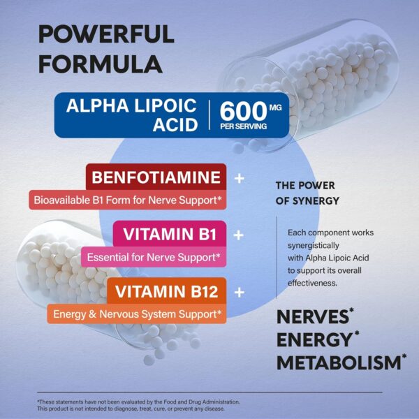 Alpha Lipoic Acid 600mg - ALA Supplement Antioxidant for Nerve, Energy & Metabolism Support - Extra Strength with Benfotiamine, Vitamins B1 & B12 - Lab Tested, NON-GMO & Vegan - 120 Capsules, 2 Month - Image 4
