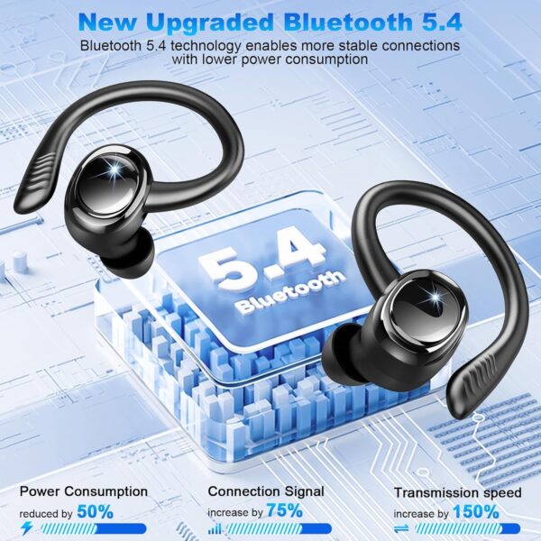 Wireless Earbuds Bluetooth 5.4 Headphones Sport, 2025 Bluetooth Earbuds with Earhooks, 50H Stereo Over Ear Buds, Earphone with 4 ENC Noise Canceling Mic, IP7 Waterproof Headset for Running/Gym/Workout - Image 2