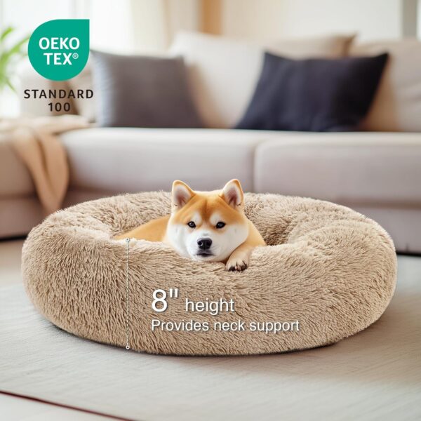 Love\'s cabin Calming Dog & Cat Bed, Cat Bed for Indoor Cats,Anti-Anxiety Donut Round Dog Bed,Fluffy Faux Fur Washable Bed for Small Medium Pet,Beige,Taupe,30 - Image 3