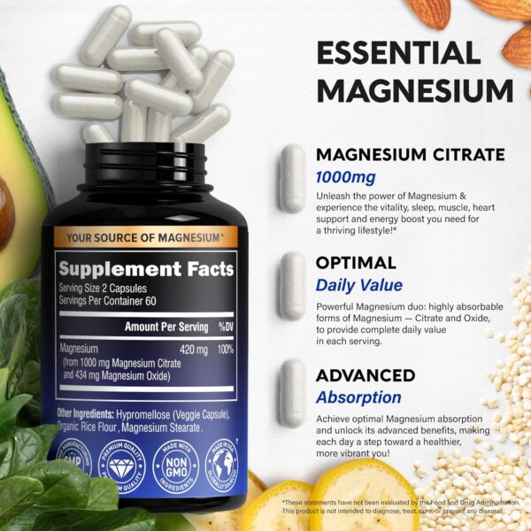 Magnesium Citrate Capsules 1000mg | High Absorption Supplement - Sleep, Muscle & Heart Support - Vegan | Non-GMO - Made in USA - As Powder | Pills | Tablets - 120 Capsules, 2 Month Supply - Image 6