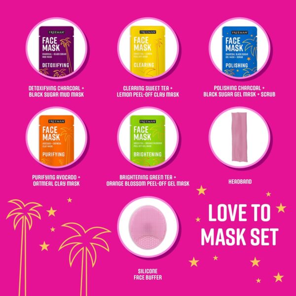 Freeman Facial Love To Mask Variety Pack: Oil Absorbing Clay, Detoxifying Charcoal, Clearing Peel Off, Hydrating Gel Cream, Exfoliating Scrub (14 Piece Kit with Bonus Buffer and Headband) - Image 4