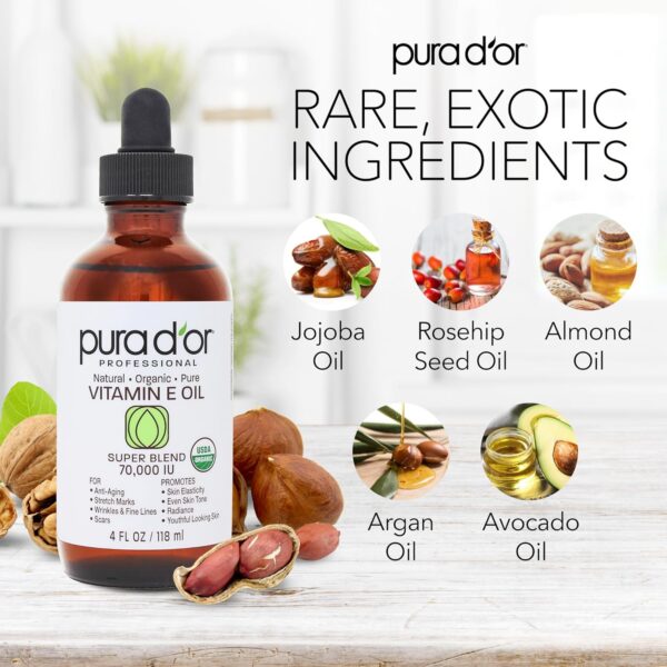 PURA D\'OR 4 Oz ORGANIC Vitamin E Oil Blend 70,000 IU - 100% Natural Hexane Free, Sweet Almond, Apricot, Jojoba, Argan, Rosehip, Sunflower & Avocado Bath Oil For Scars, Skin, Face & Full Body - Image 4