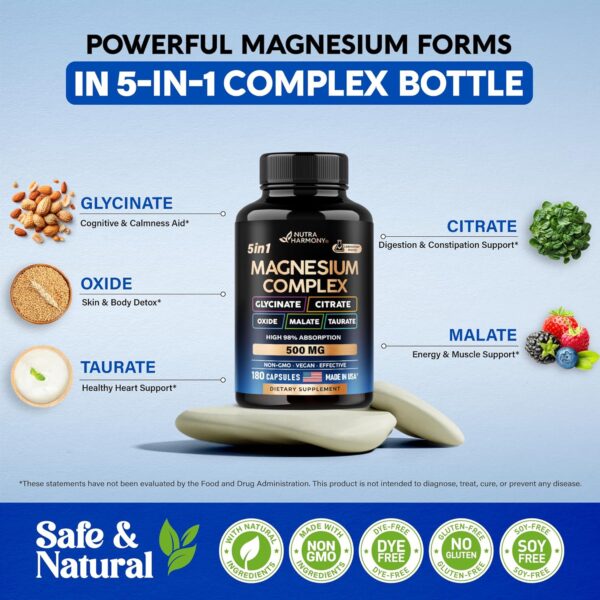 Magnesium Supplement - 5 in 1 Complex | Glycinate | Citrate | Malate | Taurate | Oxide - Made in USA - Stress, Muscle & Heart Support - Vegan, Natural, Non-GMO - 180 Capsules, 2 Month Supply - Image 5