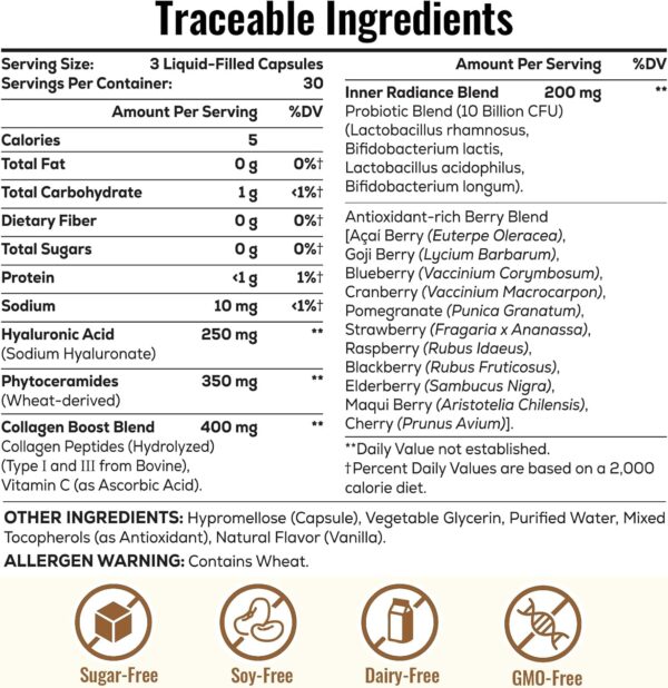 19-in-1 Hyaluronic Acid Capsules - Hylunaric Acid 1200 mg, with Collagen Peptides, Vitamin C, Phytoceramides - for Skin, Eyes, Gastrointestinal, Bones & Joint Lubrication (1 Pack) - Image 6