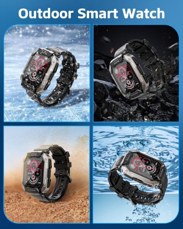 Military Smart Watches for Men, 2.01\'\' HD Display with Bluetooth Calls 100+ Sport Modes, IP68 Waterproof for Swimming Fitness Smart Watch for Android and iPhone Smartwatch, Black - Image 2