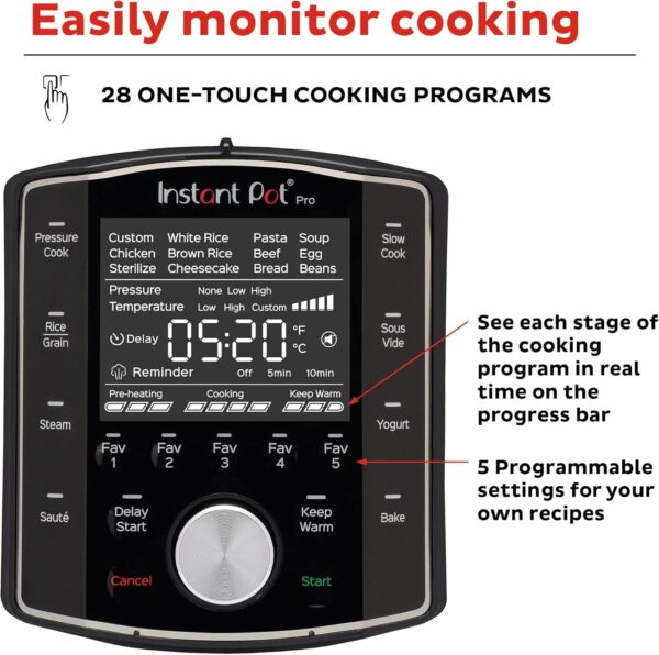 Instant Pot Pro (8 QT) 10-in-1 Pressure Cooker, Slow Cooker, Rice/Grain Cooker, Steamer, Sauté, Sous Vide, Yogurt Maker, Sterilizer, and Warmer, Includes App With Over 800 Recipes, Black - Image 4