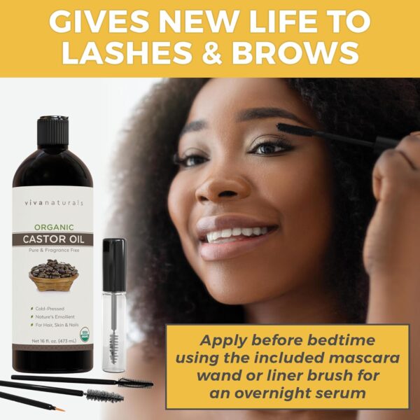 Viva Naturals Organic Castor Oil for Eyelashes and Eyebrows (16 fl oz) - USDA Certified Organic, Cold Pressed Castor Oil, Natural Hair Oil & Eyelash Serum, Beauty Kit Included - Image 3