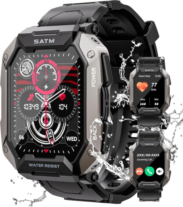 Military Smart Watches for Men, 2.01\'\' HD Display with Bluetooth Calls 100+ Sport Modes, IP68 Waterproof for Swimming Fitness Smart Watch for Android and iPhone Smartwatch, Black