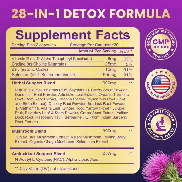 28-in-1 Liver Cleanse Detox & Repair - 1500mg Liver Health Support with Milk Thistle, Dandelion Root, Artichoke Extract, and 20+ Herbal Liver Support Supplements - Made in USA - 60 Capsules - Image 2