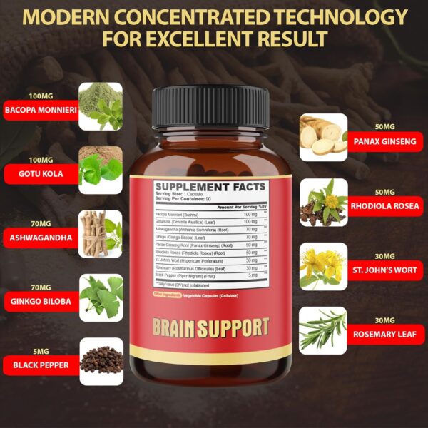 9in1 Brain Support Supplement - Concentrated Ashwagandha Root, Gotu Kola Powder, Bacopa Monnieri Powder and More - 90 Capsules - 3-Month Supply - Image 2