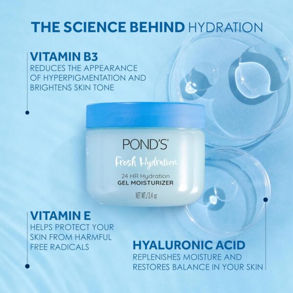 POND\'S Hyaluronic Acid, Vitamin E & B3 Gel Face Moisturizer For 24 hour Hydration and Luminous Skin, 3.4 oz - Image 2