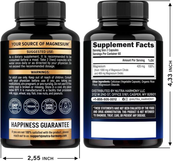 Magnesium Citrate Capsules 1000mg | High Absorption Supplement - Sleep, Muscle & Heart Support - Vegan | Non-GMO - Made in USA - As Powder | Pills | Tablets - 120 Capsules, 2 Month Supply - Image 2