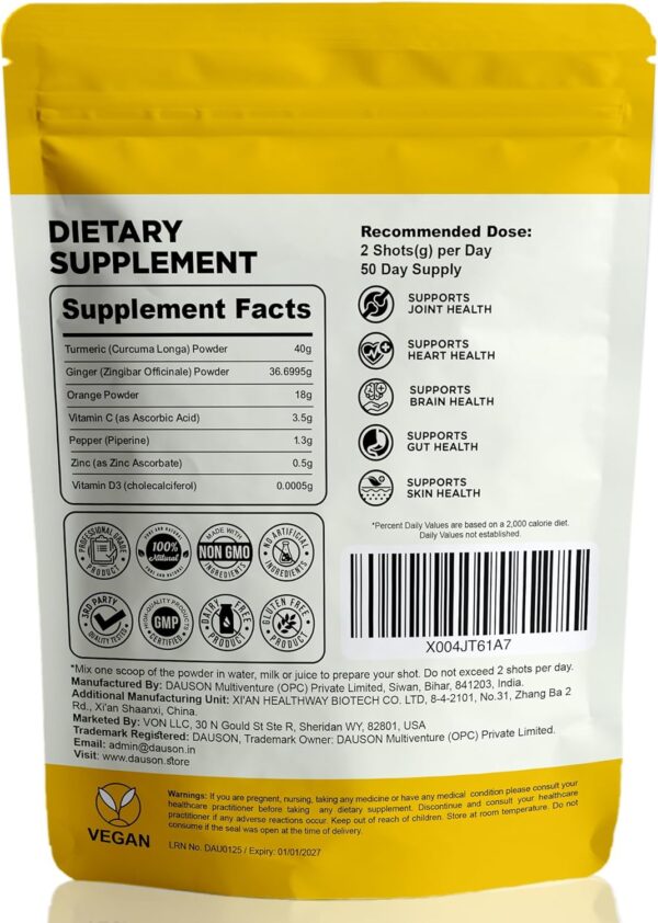 Turmeric Ginger Shots with Piperine, Vitamins, Zinc & Orange | High Bioavailability Supplement for Joint, Heart, Brain, Gut & Skin Health | Curcumin Immune Support | 100 Shots - Image 2