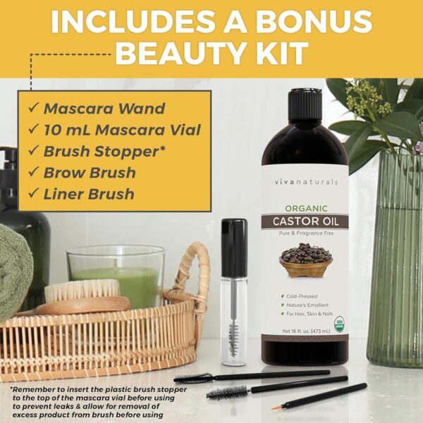 Viva Naturals Organic Castor Oil for Eyelashes and Eyebrows (16 fl oz) - USDA Certified Organic, Cold Pressed Castor Oil, Natural Hair Oil & Eyelash Serum, Beauty Kit Included - Image 5