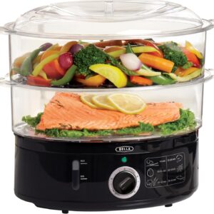 BELLA Two Tier Food Steamer with Dishwasher Safe Lids and Stackable Baskets & Removable Base for Fast Simultaneous Cooking - Auto Shutoff & Boil Dry Protection, Stainless Steel, 7.4 QT, Black