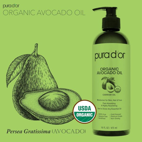 PURA D\'OR 16 Oz ORGANIC Avocado Oil - 100% Pure & Natural USDA Certified Cold Pressed Carrier Oil For DIY Beauty, Non-Greasy, Unscented, Hexane Free Liquid Moisturizer - Face Skin & Hair - Men & Women - Image 3