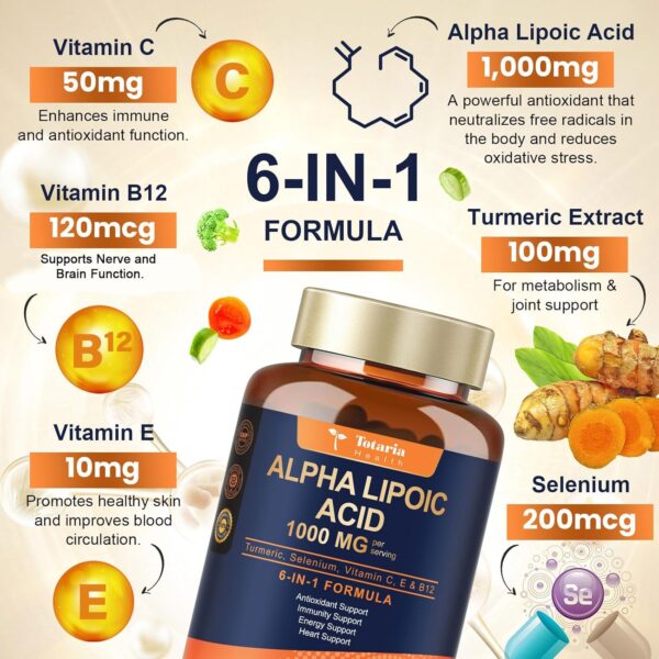 Alpha Lipoic Acid - 1000mg ALA Supplement Capsules for Neuropathy Support Supplement Nerve Health, Liver Detox, Antioxidant, Metabolism and Cell Energy, Anti-Aging - Non-GMO, Gluten Free, Vegan Safe - Image 2