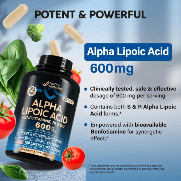 Alpha Lipoic Acid 600mg - ALA Supplement Antioxidant for Nerve, Energy & Metabolism Support - Extra Strength with Benfotiamine, Vitamins B1 & B12 - Lab Tested, NON-GMO & Vegan - 120 Capsules, 2 Month - Image 5