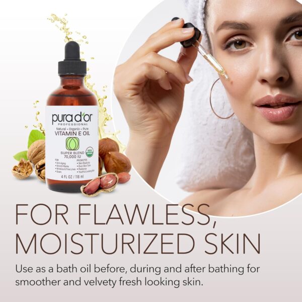 PURA D\'OR 4 Oz ORGANIC Vitamin E Oil Blend 70,000 IU - 100% Natural Hexane Free, Sweet Almond, Apricot, Jojoba, Argan, Rosehip, Sunflower & Avocado Bath Oil For Scars, Skin, Face & Full Body - Image 5