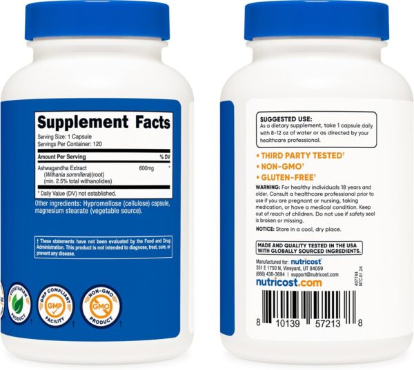 Nutricost Ashwagandha Herbal Supplement 600mg, 120 Capsules - Vegetarian, Non-GMO, Gluten Free, Ashwagandha Root - Image 4