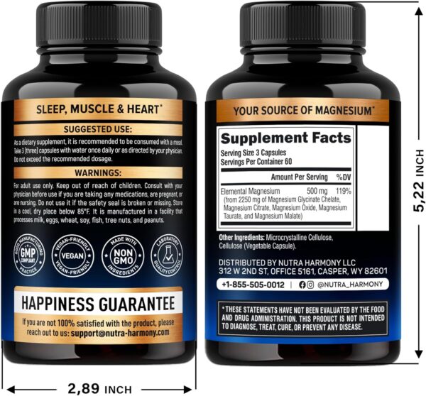 Magnesium Supplement - 5 in 1 Complex | Glycinate | Citrate | Malate | Taurate | Oxide - Made in USA - Stress, Muscle & Heart Support - Vegan, Natural, Non-GMO - 180 Capsules, 2 Month Supply - Image 2