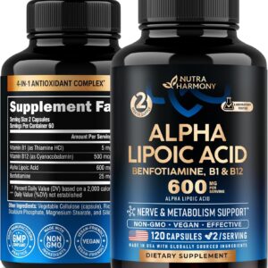 Alpha Lipoic Acid 600mg - ALA Supplement Antioxidant for Nerve, Energy & Metabolism Support - Extra Strength with Benfotiamine, Vitamins B1 & B12 - Lab Tested, NON-GMO & Vegan - 120 Capsules, 2 Month