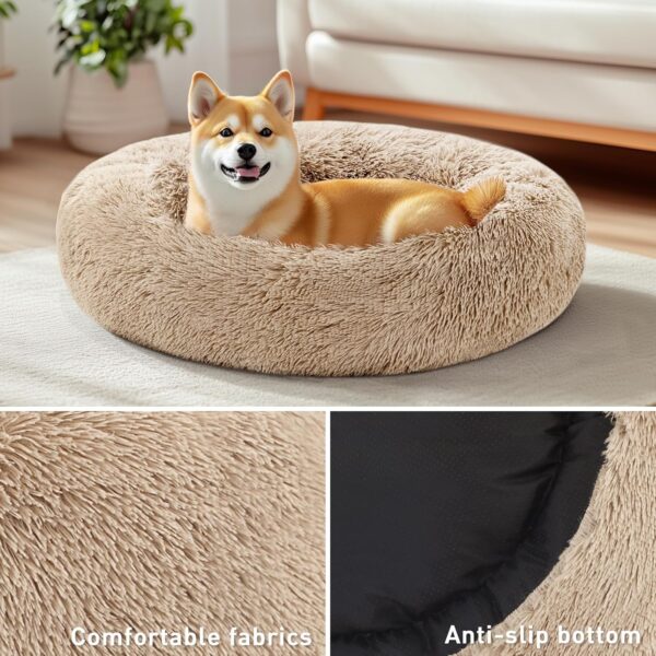 Love\'s cabin Calming Dog & Cat Bed, Cat Bed for Indoor Cats,Anti-Anxiety Donut Round Dog Bed,Fluffy Faux Fur Washable Bed for Small Medium Pet,Beige,Taupe,30 - Image 4