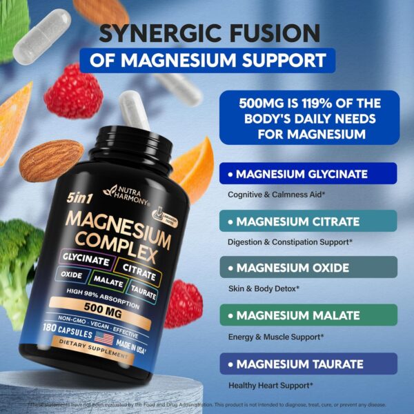 Magnesium Supplement - 5 in 1 Complex | Glycinate | Citrate | Malate | Taurate | Oxide - Made in USA - Stress, Muscle & Heart Support - Vegan, Natural, Non-GMO - 180 Capsules, 2 Month Supply - Image 4