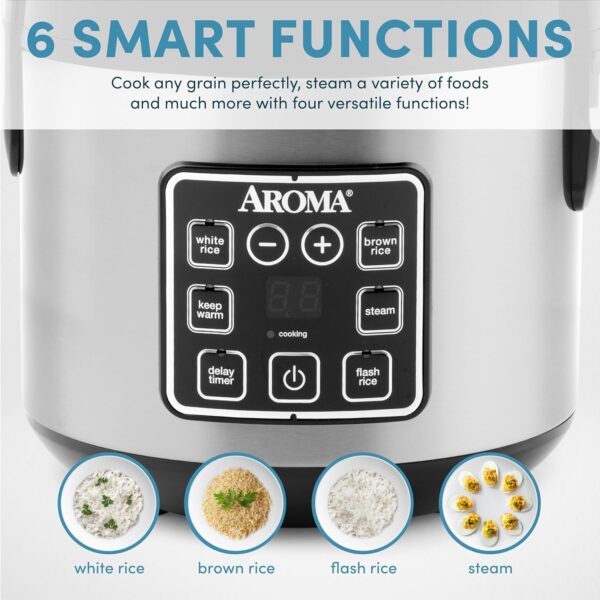 AROMA Digital Rice Cooker, 4-Cup (Uncooked) / 8-Cup (Cooked), Steamer, Grain Cooker, Multicooker, 2 Qt, Stainless Steel Exterior, ARC-914SBD - Image 5