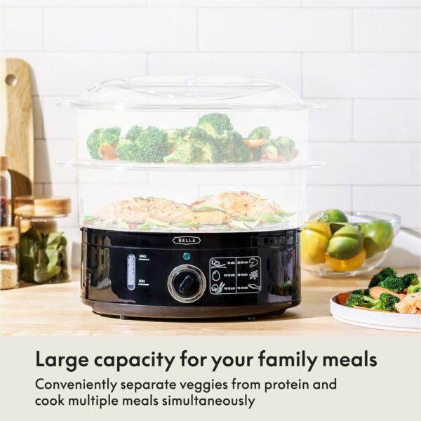 BELLA Two Tier Food Steamer with Dishwasher Safe Lids and Stackable Baskets & Removable Base for Fast Simultaneous Cooking - Auto Shutoff & Boil Dry Protection, Stainless Steel, 7.4 QT, Black - Image 4