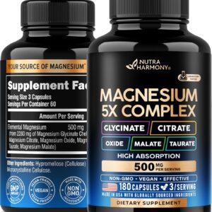 Magnesium Supplement - 5 in 1 Complex | Glycinate | Citrate | Malate | Taurate | Oxide - Made in USA - Stress, Muscle & Heart Support - Vegan, Natural, Non-GMO - 180 Capsules, 2 Month Supply