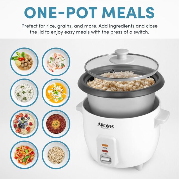 Aroma Housewares Aroma 6-cup (cooked) 1.5 Qt. One Touch Rice Cooker, White (ARC-363NG), 6 cup cooked/ 3 cup uncook/ 1.5 Qt. - Image 4