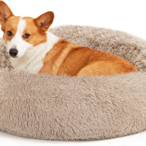 Love\'s cabin Calming Dog & Cat Bed, Cat Bed for Indoor Cats,Anti-Anxiety Donut Round Dog Bed,Fluffy Faux Fur Washable Bed for Small Medium Pet,Beige,Taupe,30